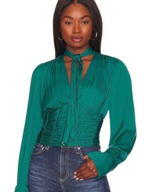Free People Emerald Tie-Neck Satin Blouse